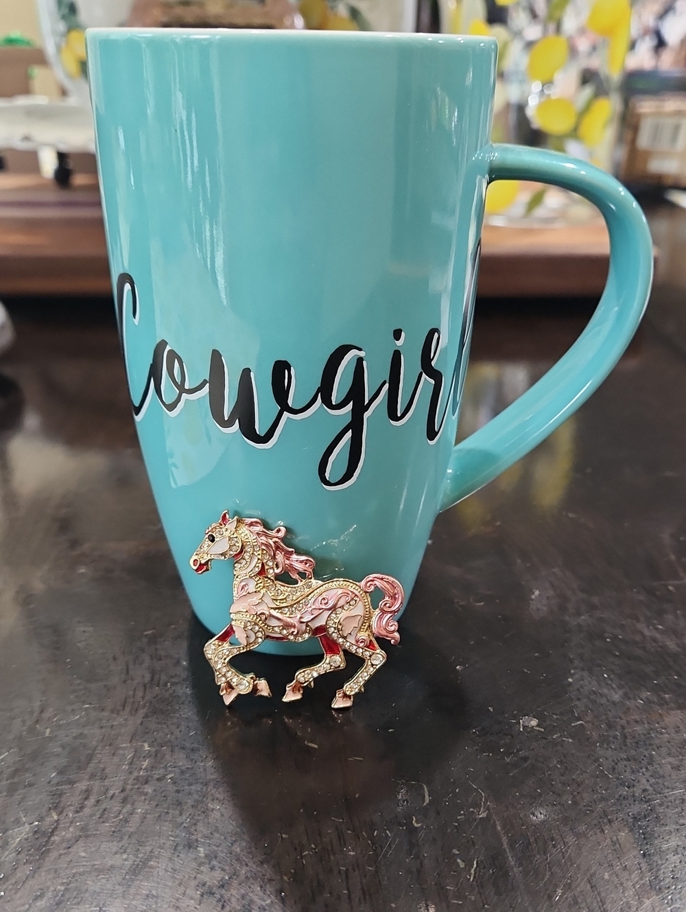 Turquoise Cowgirl Ceramic Mug with Pink Horse Brooch